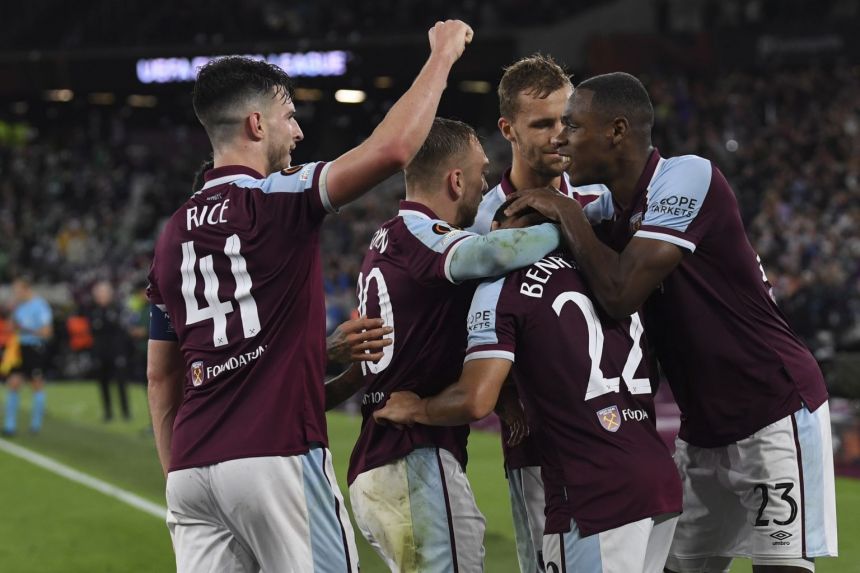 West Ham's Said Benrahma (second right) celebrates with teammates after scoring his team's second goal.