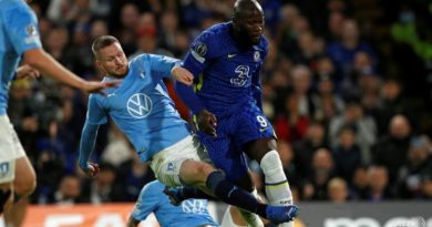 Malmo's Daniish defender Lasse Nielsen (L) fouls Chelsea's Belgian striker Romelu Lukaku to concede a penalty during the Champions League group H football match between Chelsea and Malmo FF at Stamford Bridge in London on Oct 20, 2021.