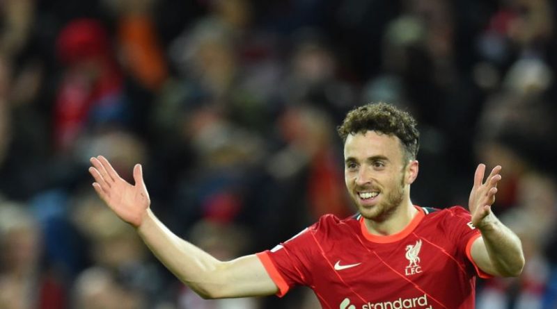 Liverpool's Diogo Jota celebrates after scoring the 1-0 lead.