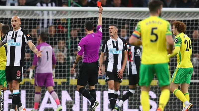 Newcastle's Ciaran Clark was sent off after nine minutes
