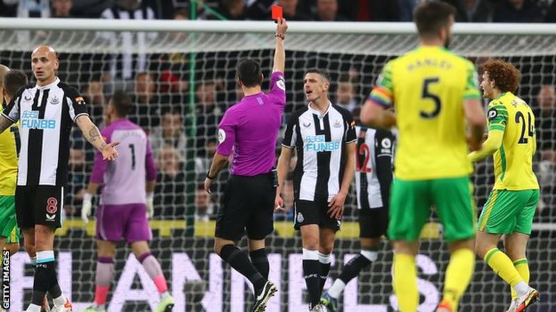 Newcastle's Ciaran Clark was sent off after nine minutes