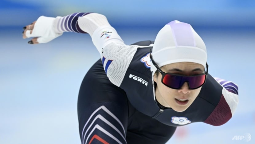 Chinese Taipei's Huang Yu-ting competes in the women's speed skating 1,000m event during the Beijing Winter Olympics.
